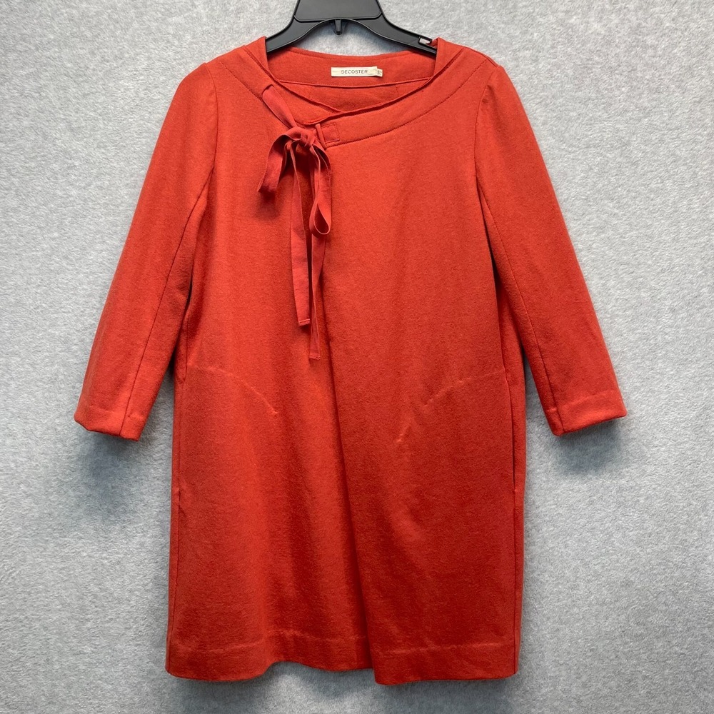 Decoster Shift Dress Womens Small Red Tie Neck 3/4 Sleeve Artsy A-Line